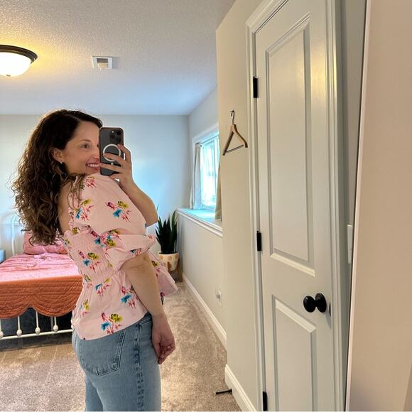 GANNI Pink Floral Cotton Smocked Square Neck Top Blouse Small - Picture 2 of 11